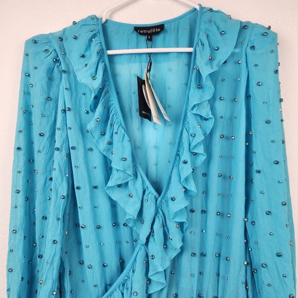 Retrofete Lennon Embellished Silk Chiffon Dress in Blue Size Small NWT Crystal - Picture 4 of 11